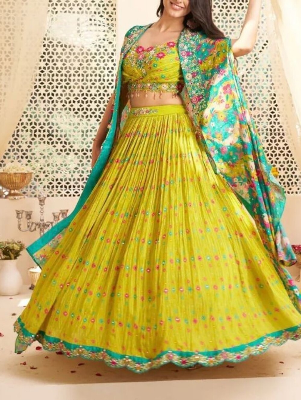 Vibrant Parrot Green Multi Color Lehenga Choli with Cape